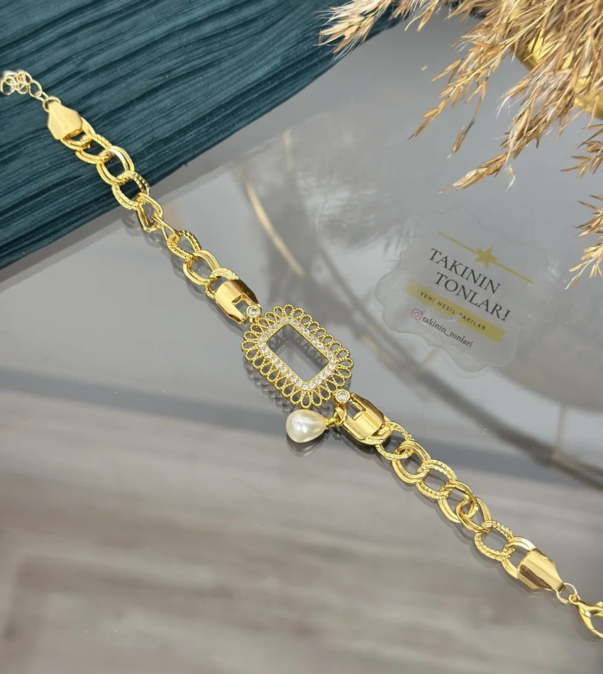 Gram Altınlık İşlemeli İncili Samanyolu Bileklik (19+3 cm)