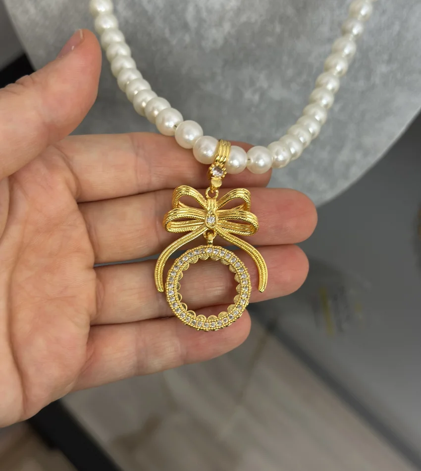 Çeyreklik Taşlı İncili Fiyonk Kolye (60 cm)