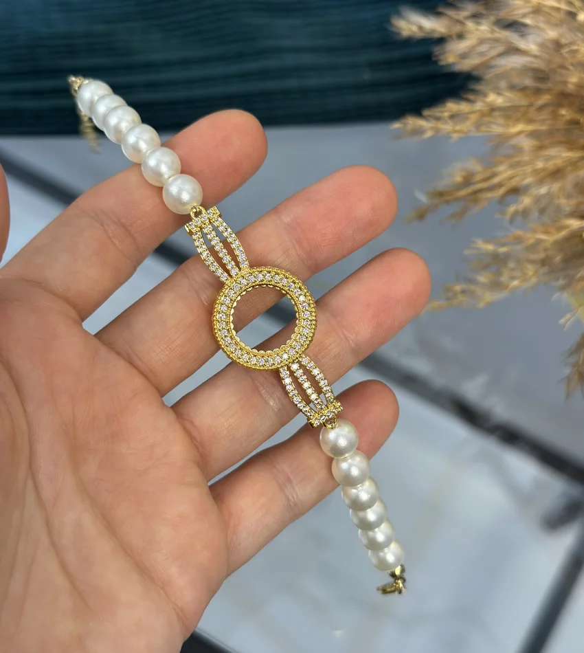 Çeyreklik Taşlı Tasarım İnci Bileklik (18+3 cm )