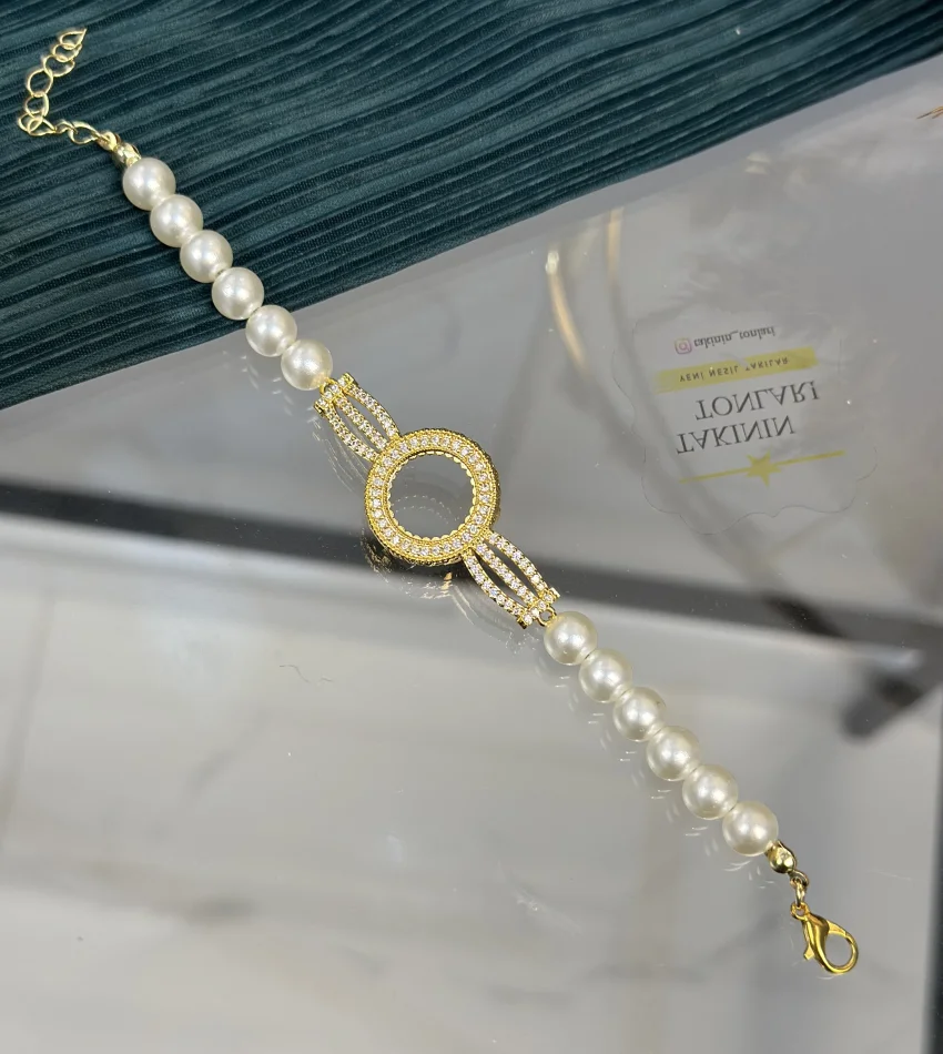 Çeyreklik Taşlı Tasarım İnci Bileklik (18+3 cm )