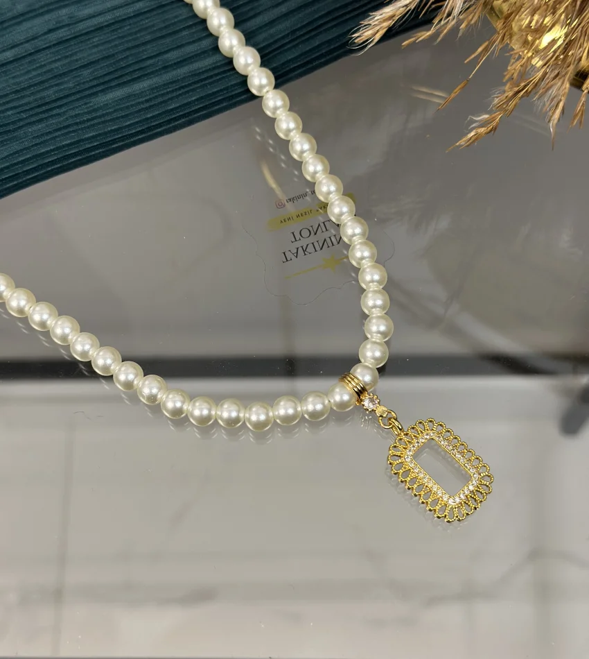 Gram Altınlık İşlemeli İnci Kolye (50 cm)