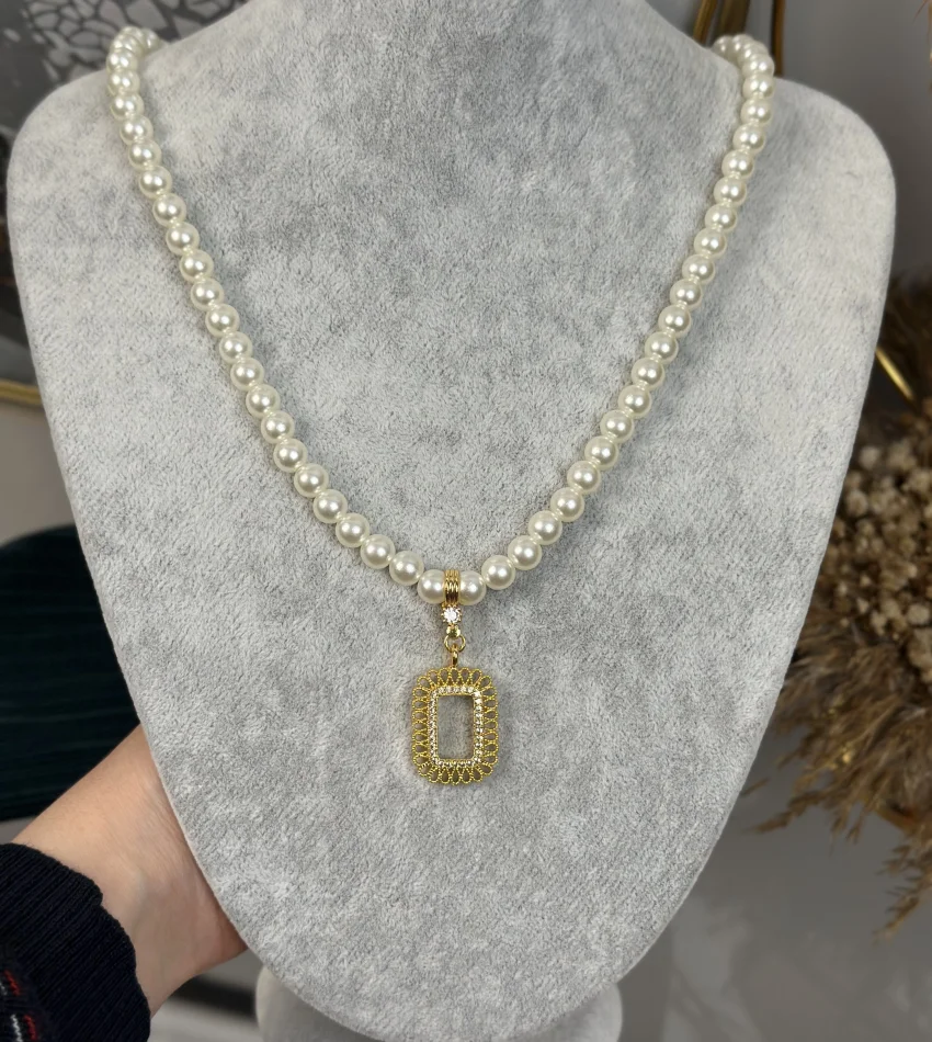 Gram Altınlık İşlemeli İnci Kolye (50 cm)