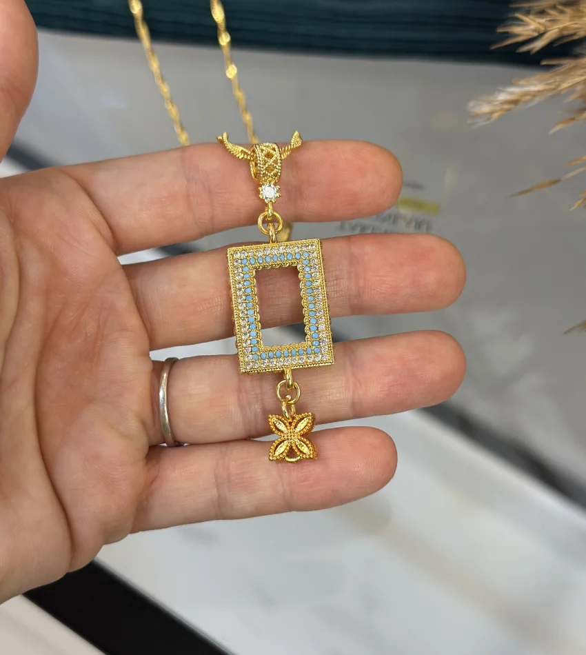 Gram Altınlık Çift Sıra Mavi Taşlı Yoncalı Set