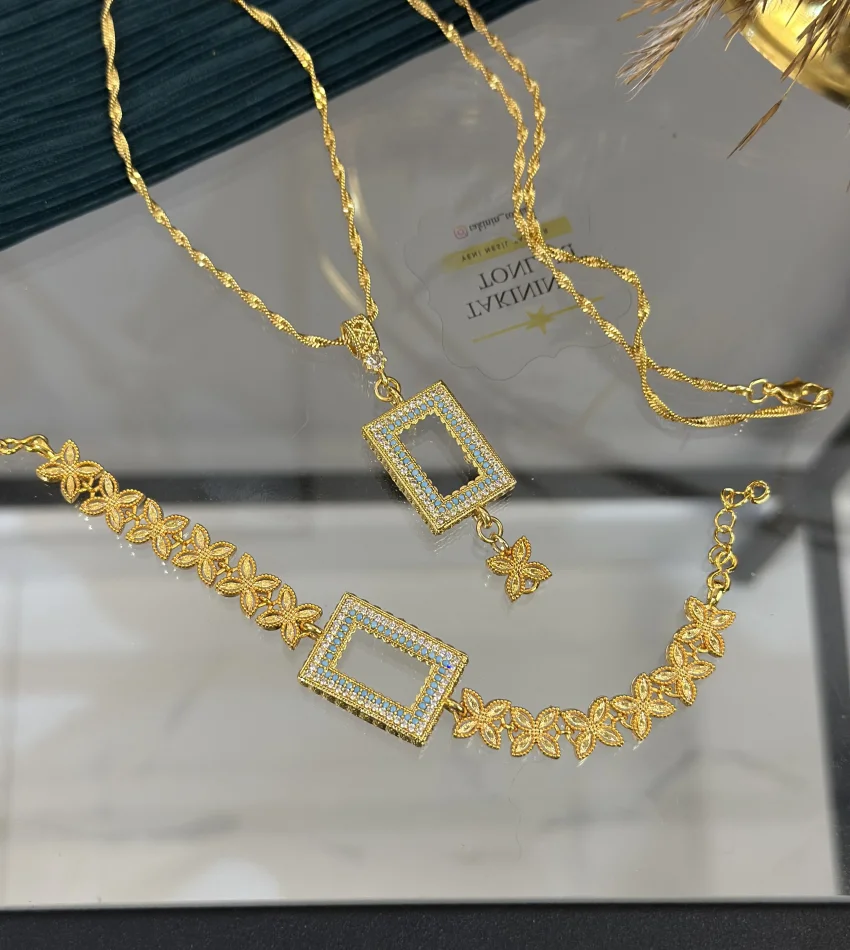 Gram Altınlık Çift Sıra Mavi Taşlı Yoncalı Set
