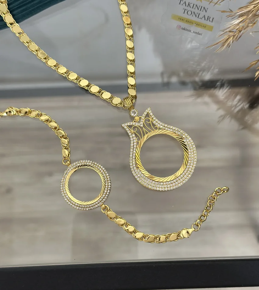 22 Ayar Tam Altınlık Kolye-Yarımlık Bileklik Kombini