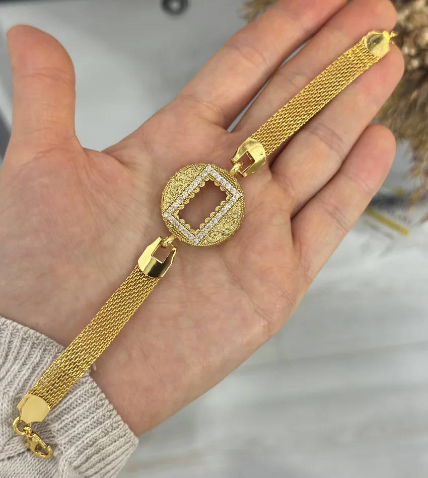 Gram Altınlık İşlemeli Yuvarlak Hasır Bileklik