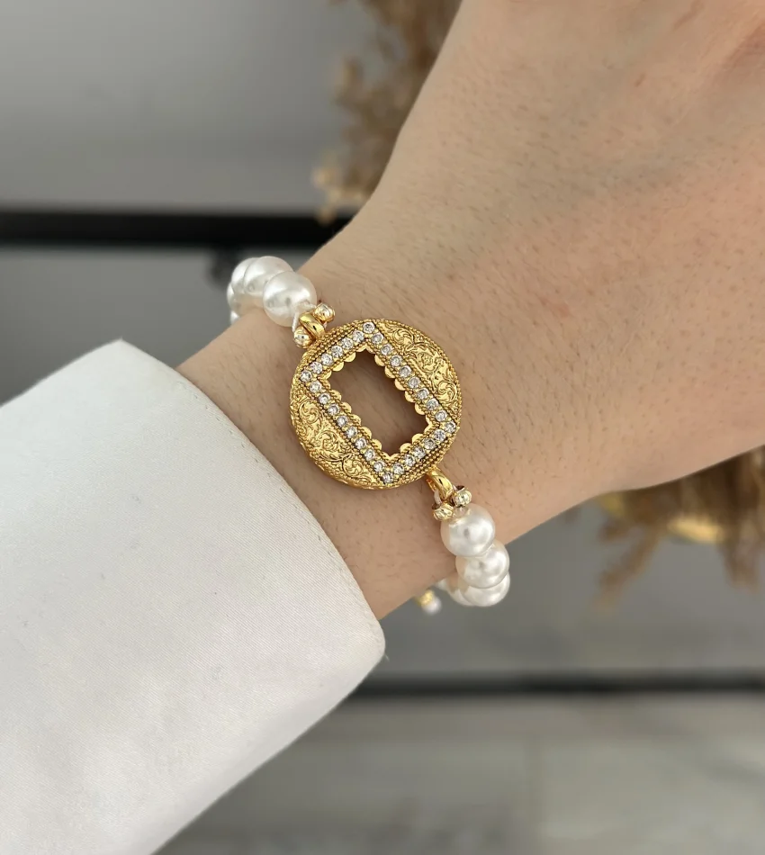 Gram Altınlık Yuvarlak İşlemeli İncili Bileklik