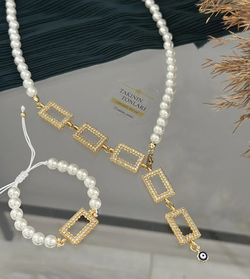 İncili Gram Altınlık Y Kolye-Bileklik Kombini