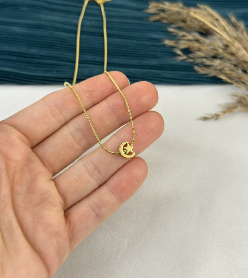Minimal Çelik Ay-Yıldız Kolye (40+5 cm)