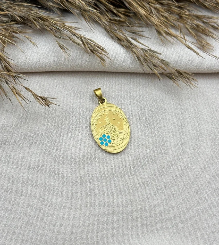 Oval Mavili Tuğralı Kolye Ucu