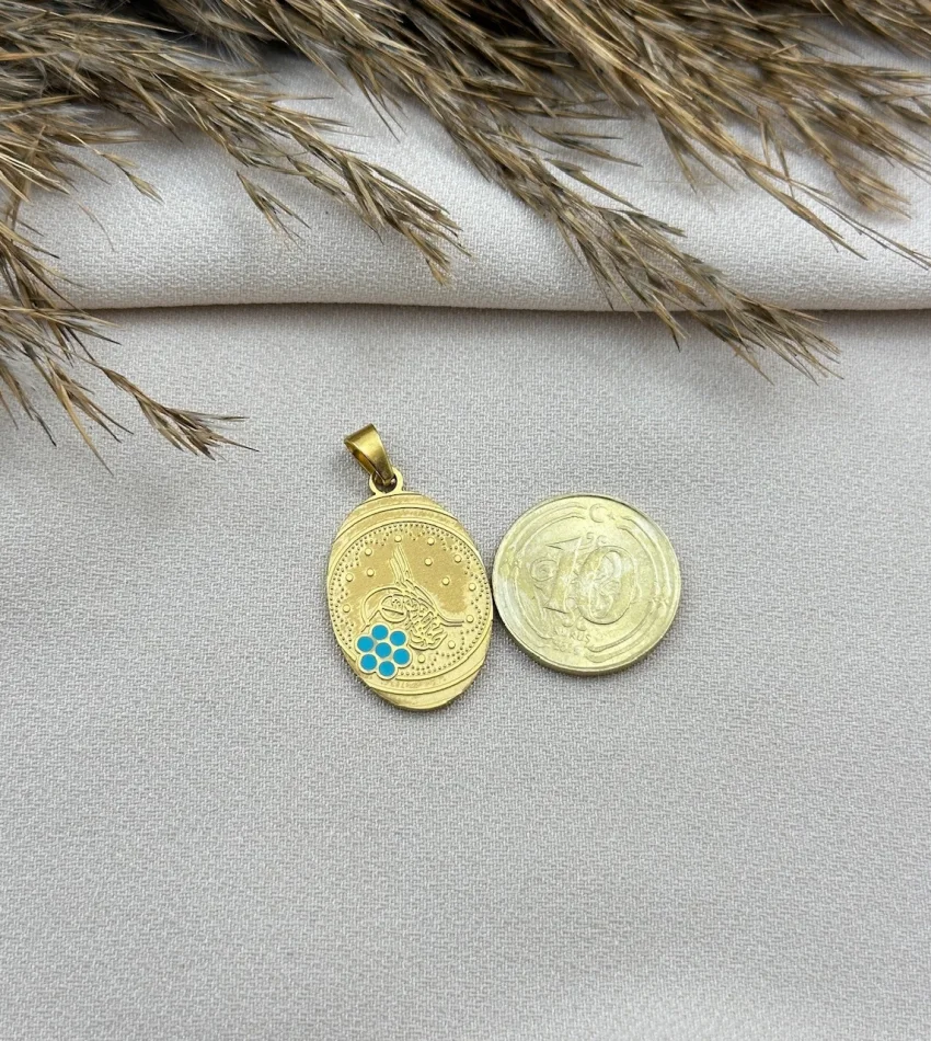 Oval Mavili Tuğralı Kolye Ucu