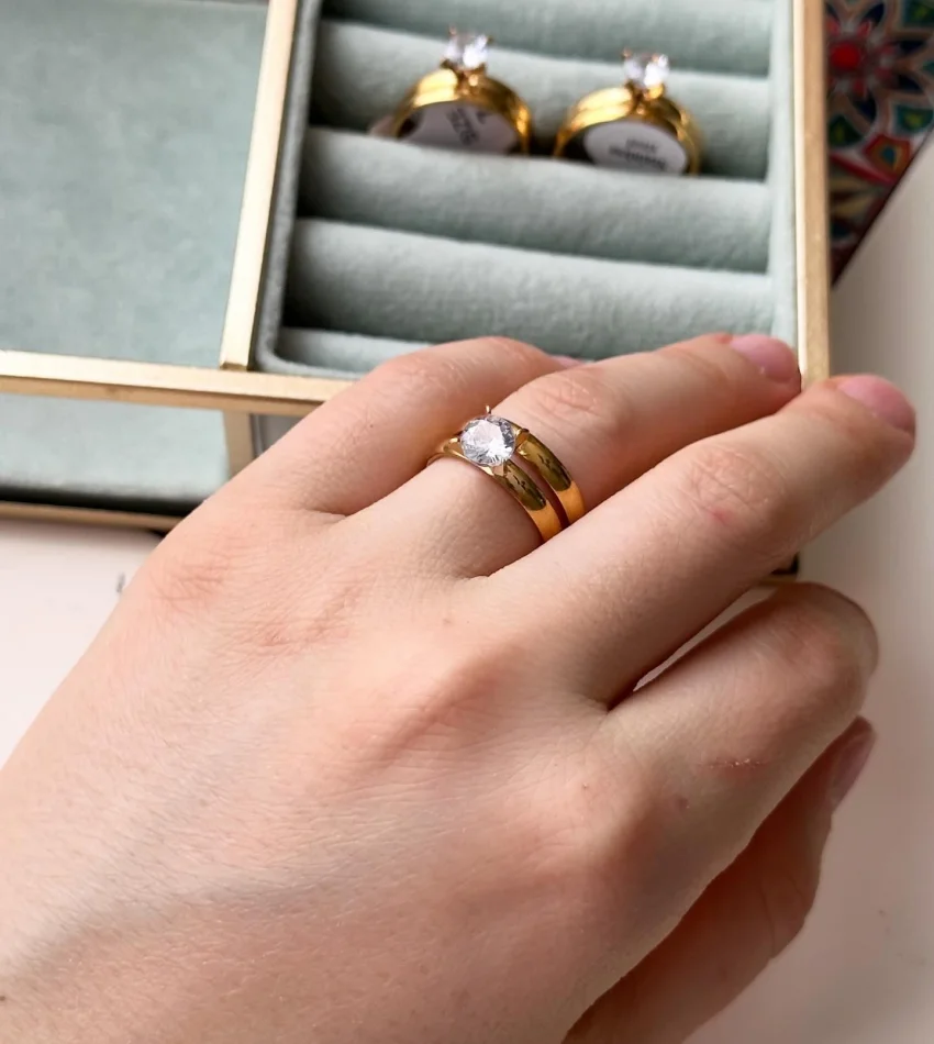 Tek Taş-Alyans İkili Çelik Yüzük