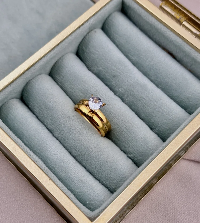 Tek Taş-Alyans İkili Çelik Yüzük