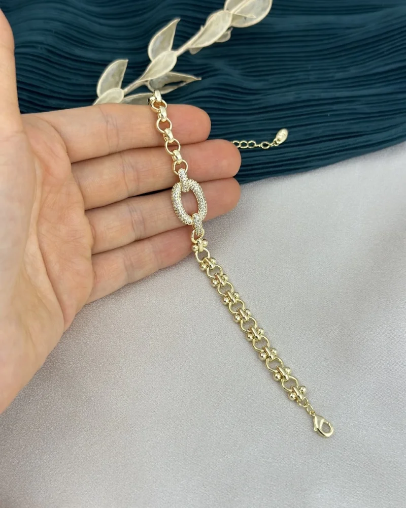 İthal Seri Taşlı Dikdörtgen Geçişli Gold Bileklik