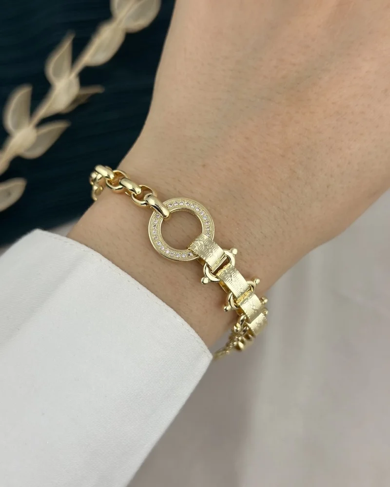 İthal Seri Tasarım Zinciri İşlemeli Gold Bileklik