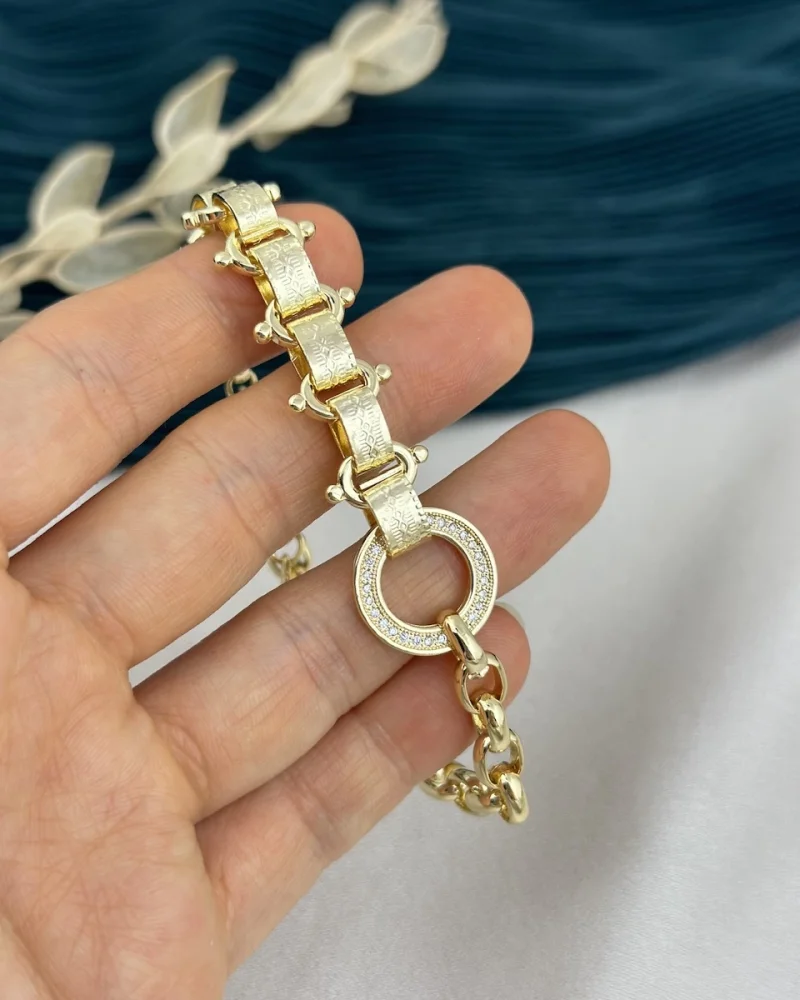 İthal Seri Tasarım Zinciri İşlemeli Gold Bileklik