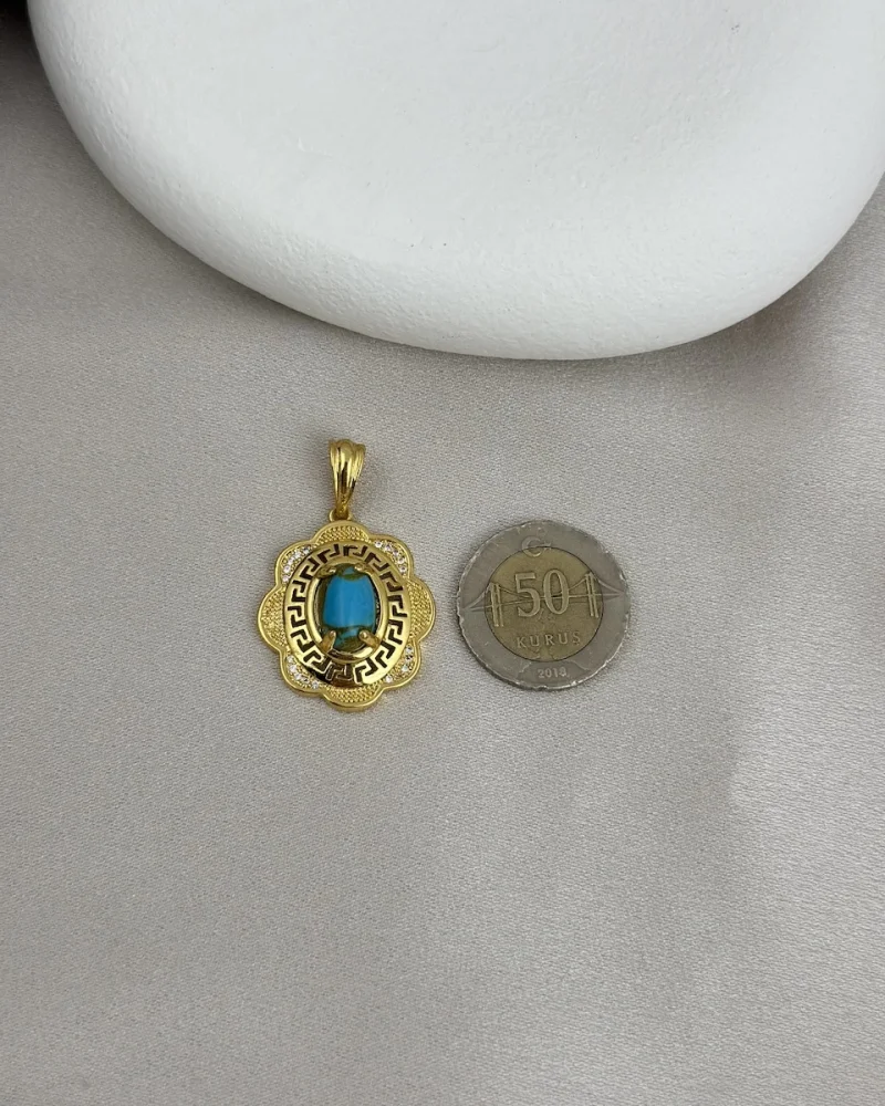 22 Ayar Dalgalı Çerçeve Firuze Kolye Ucu