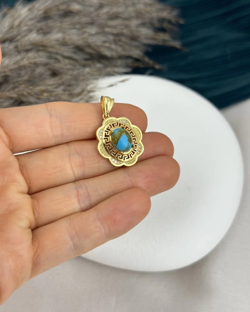 22 Ayar Dalgalı Çerçeve Firuze Kolye Ucu