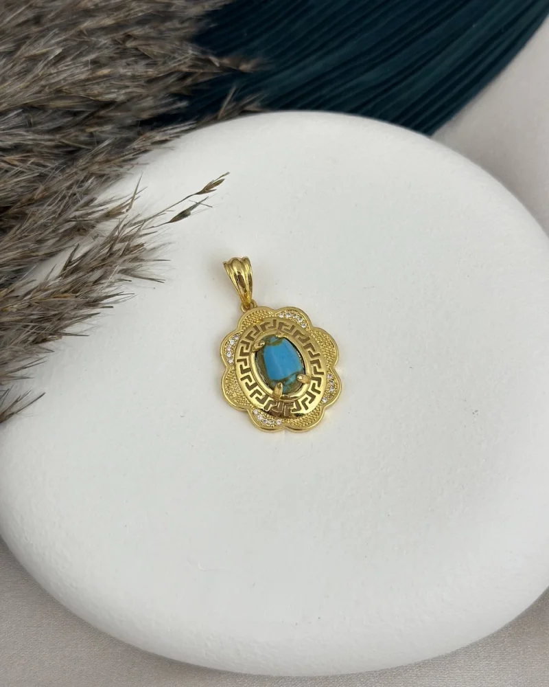 22 Ayar Dalgalı Çerçeve Firuze Kolye Ucu