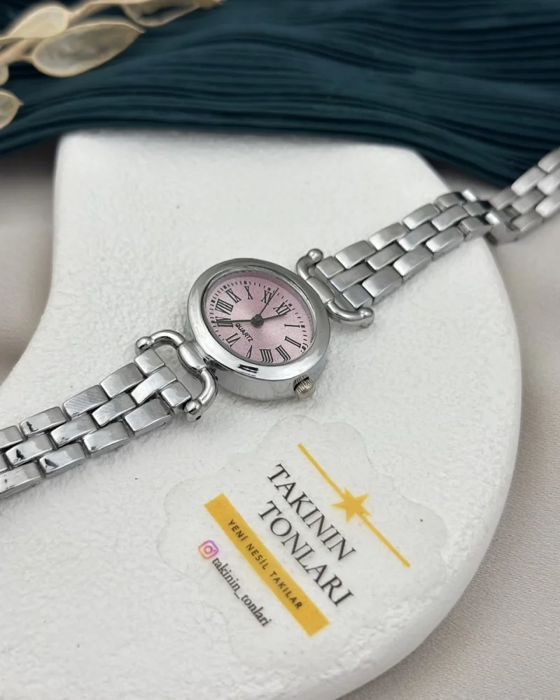 İthal Gümüş Pembe Detay Saat