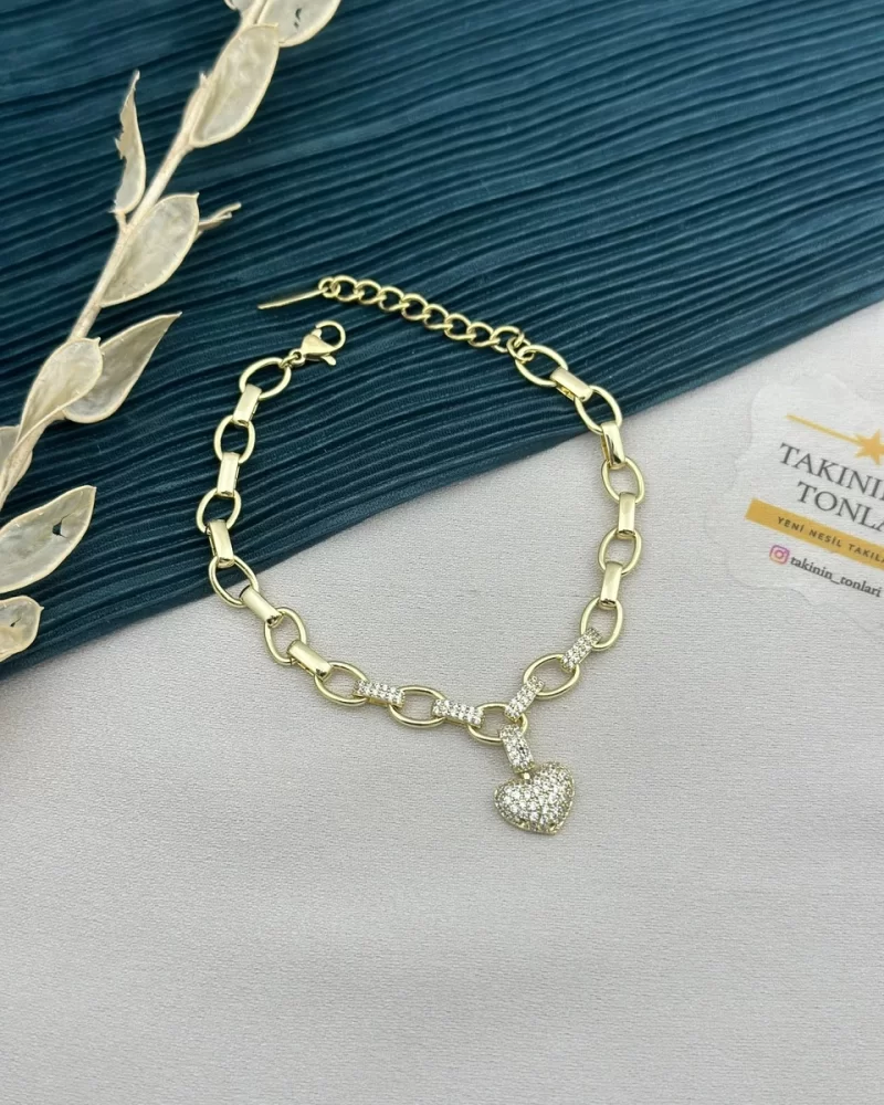 14K Gold Taşlı Kalpli Vip Bileklik