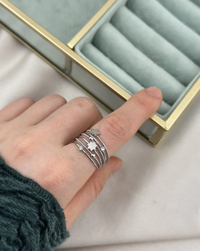 Çelik Çoklu Yıldız Model Gümüş Yüzük (7 no)