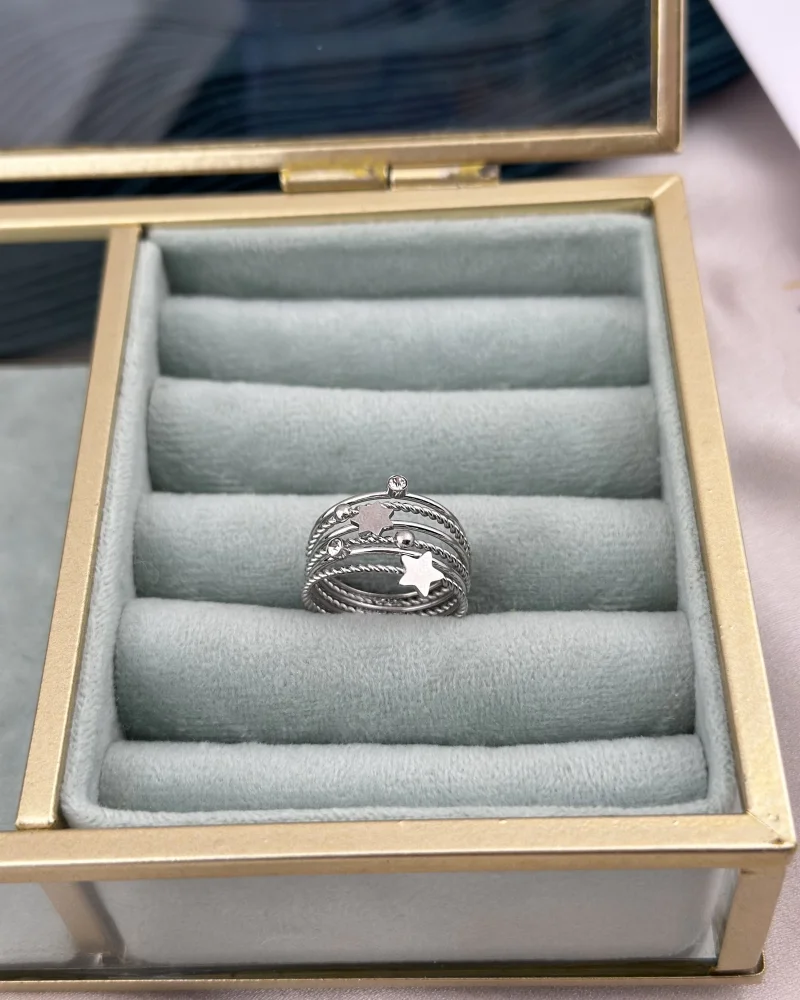 Çelik Çoklu Yıldız Model Gümüş Yüzük (7 no)