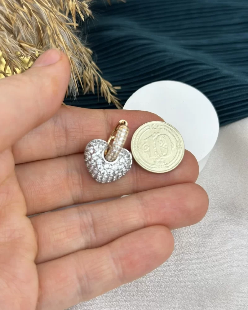 Çift Renk Full Taşlı Kalp Charmlı XP Küpe (Bakır-Gümüş)