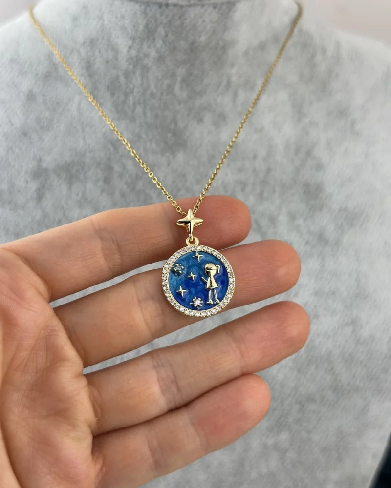 Gold Gece Temalı Mavi Çocuk Kolye (40+5 cm)