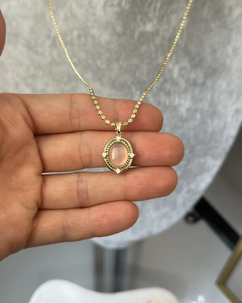 Ezme Pullu Zincir Pembe Taşlı Vintage Kolye (55 cm)