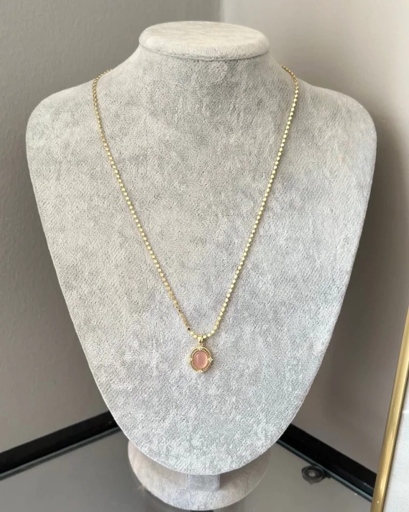 Ezme Pullu Zincir Pembe Taşlı Vintage Kolye (55 cm)