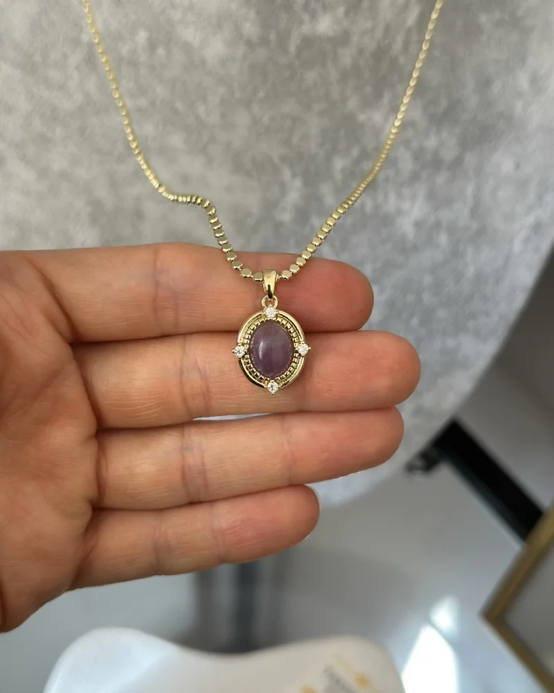 Ezme Pullu Zinvir Mor Taşlı Vintage Kolye (55 cm)