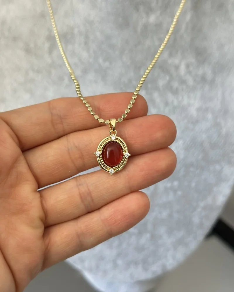 Ezme Pullu Zincir Bordo Taşlı Vintage Kolye (55 cm)