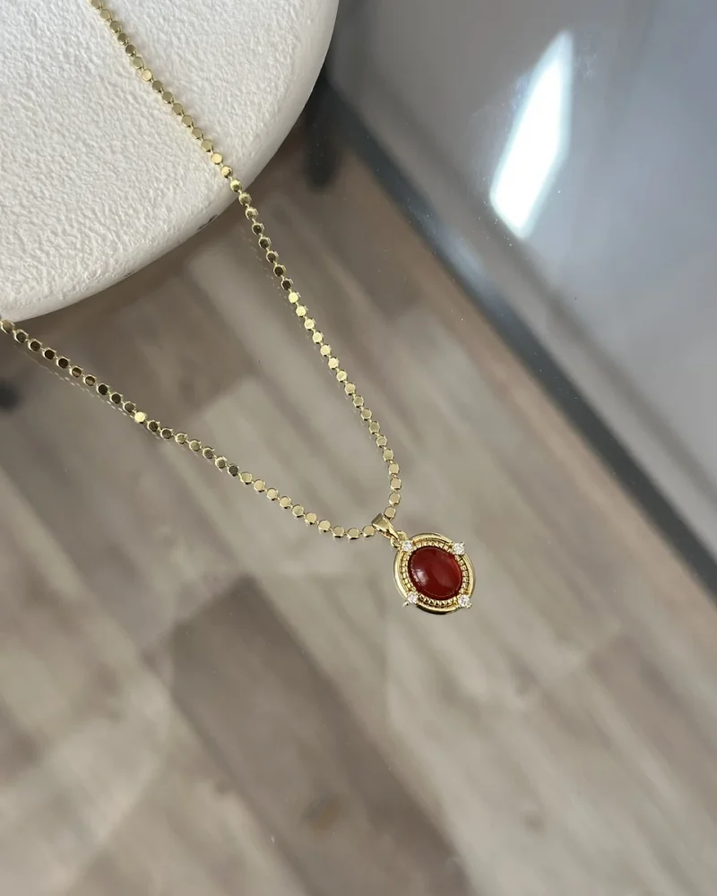 Ezme Pullu Zincir Bordo Taşlı Vintage Kolye (55 cm)