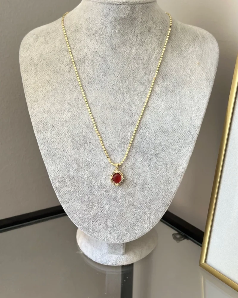 Ezme Pullu Zincir Bordo Taşlı Vintage Kolye (55 cm)