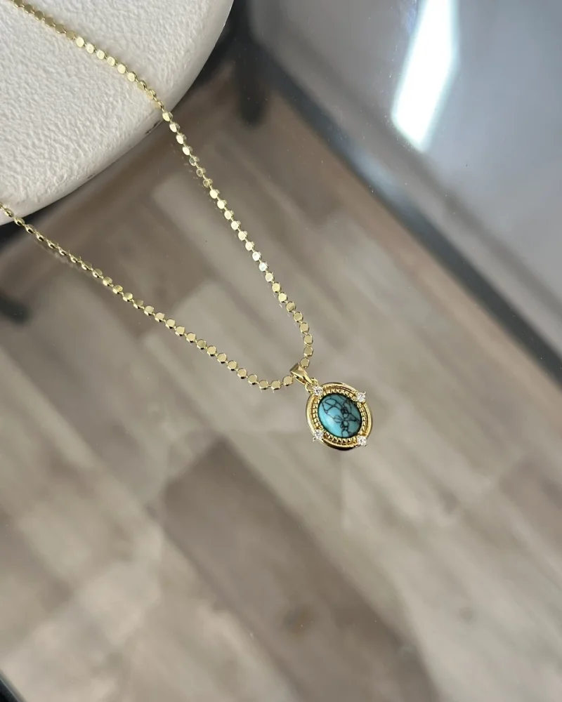 Ezme Pullu Zincir Turkuaz Taşlı Vintage Kolye (55 cm)