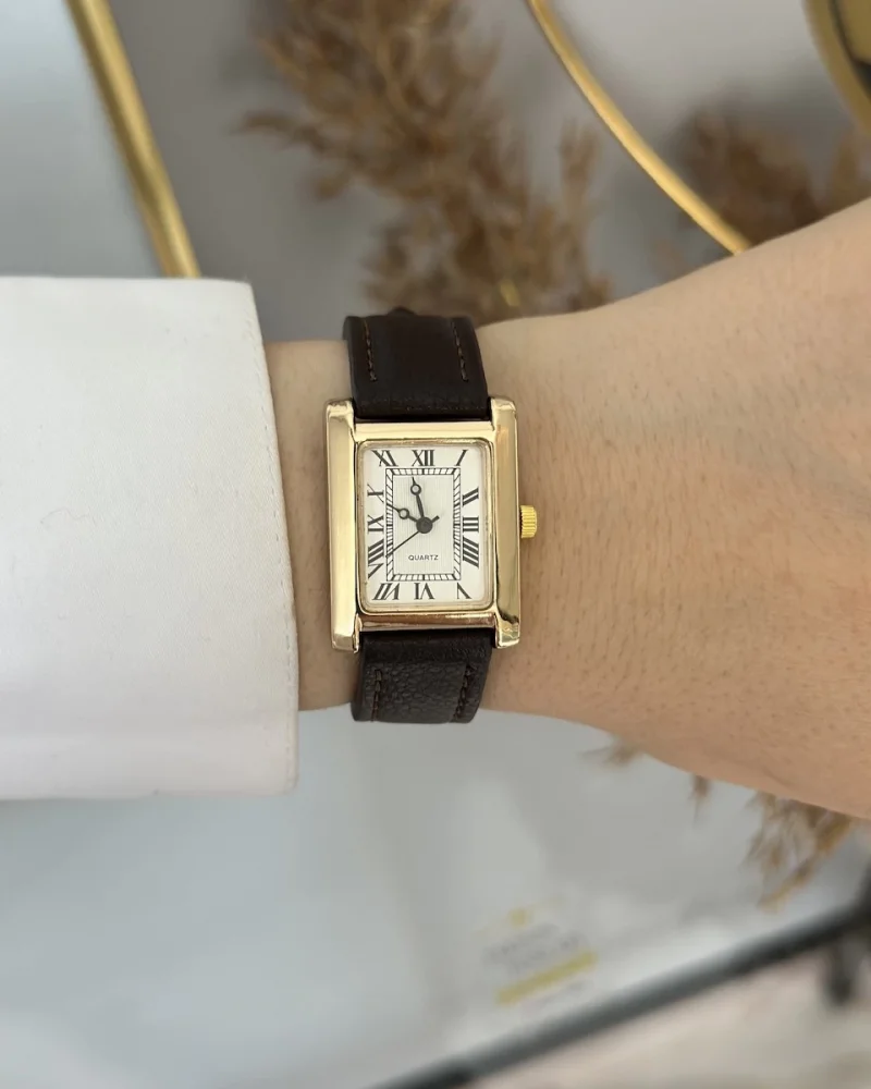 Kahverengi Deri Kordon Dikdörtgen Saat