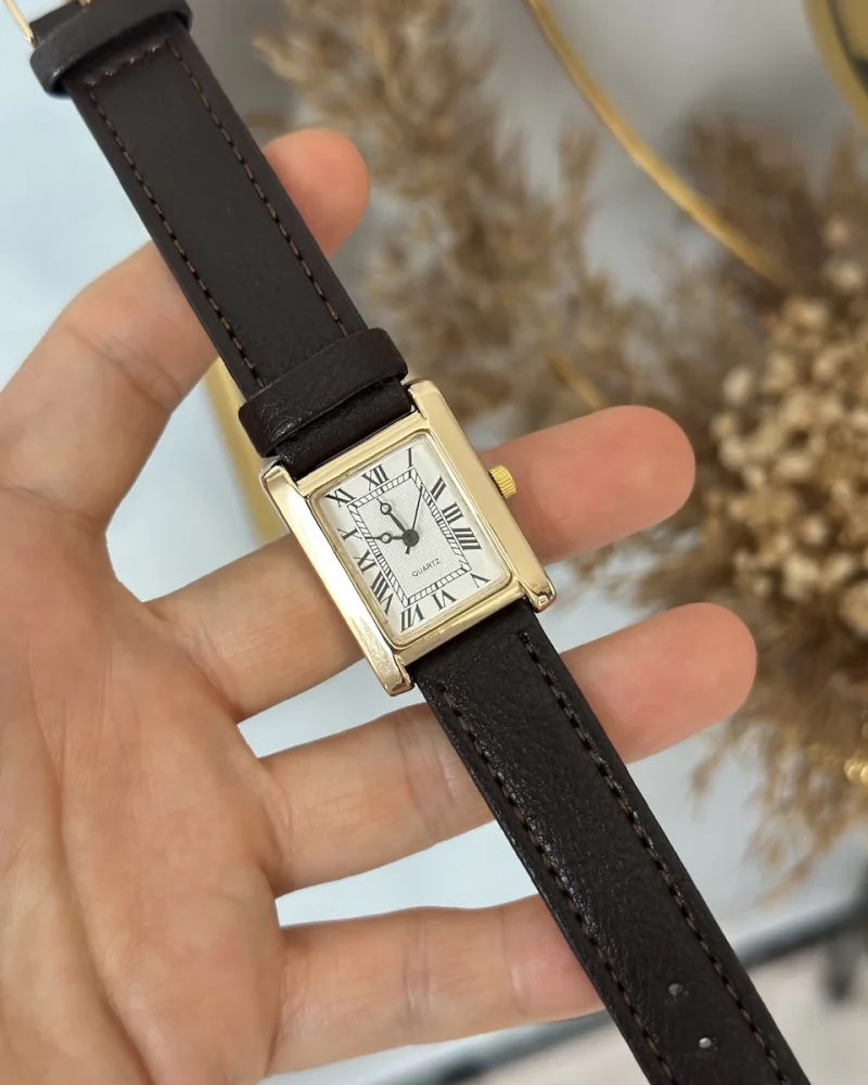 Kahverengi Deri Kordon Dikdörtgen Saat