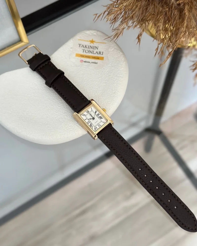 Kahverengi Deri Kordon Dikdörtgen Saat