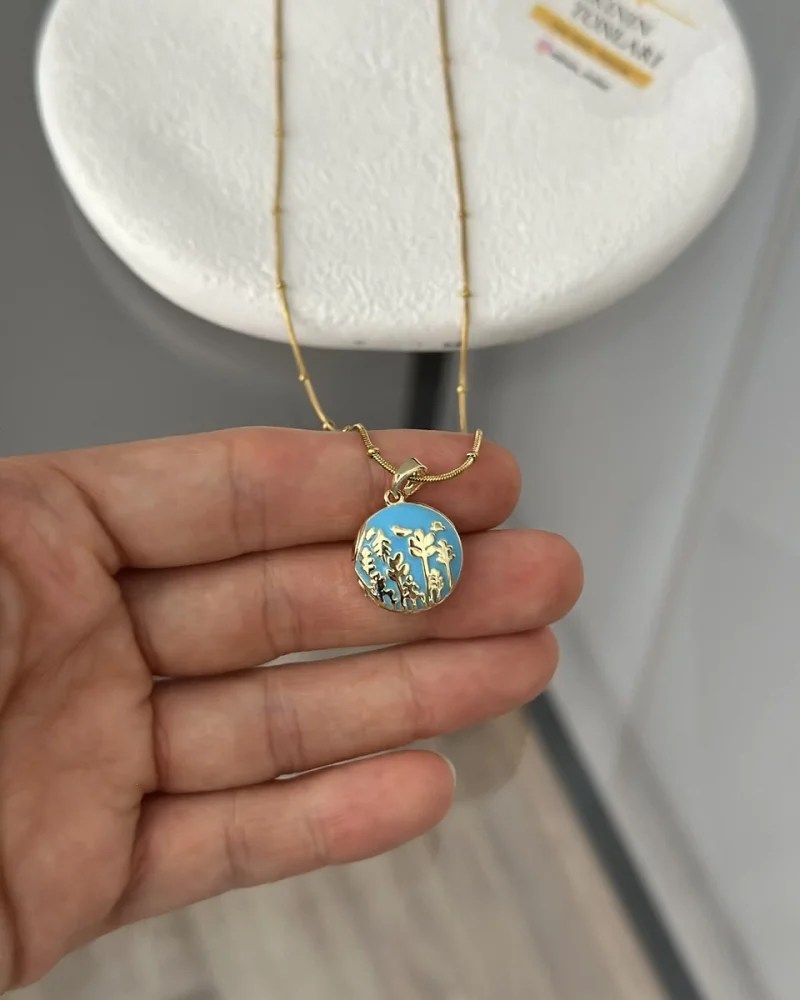 Mavi Mineli Kuşlu Açılır Kapaklı Kolye (40+5 cm)