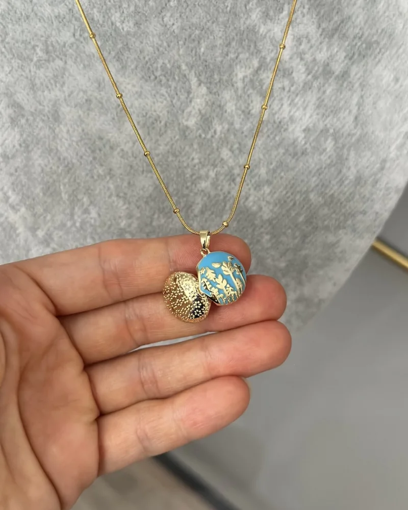 Mavi Mineli Kuşlu Açılır Kapaklı Kolye (40+5 cm)