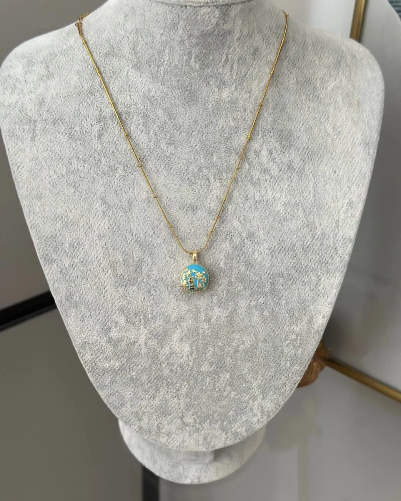 Mavi Mineli Kuşlu Açılır Kapaklı Kolye (40+5 cm)