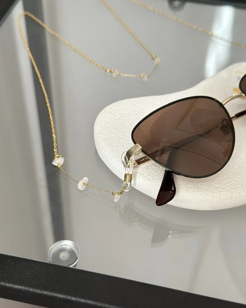 Doğal Pembe Kuvars Taşlı Çelik Gözlük Zinciri