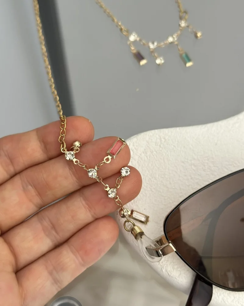 Trend Renkli Taşlı Çelik Gözlük Zinciri