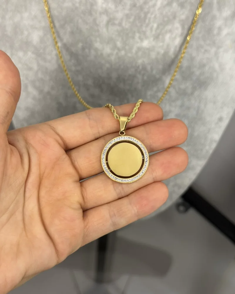 Çelik Döner Plaka Taşlı Yuvarlak Kolye (60 cm)