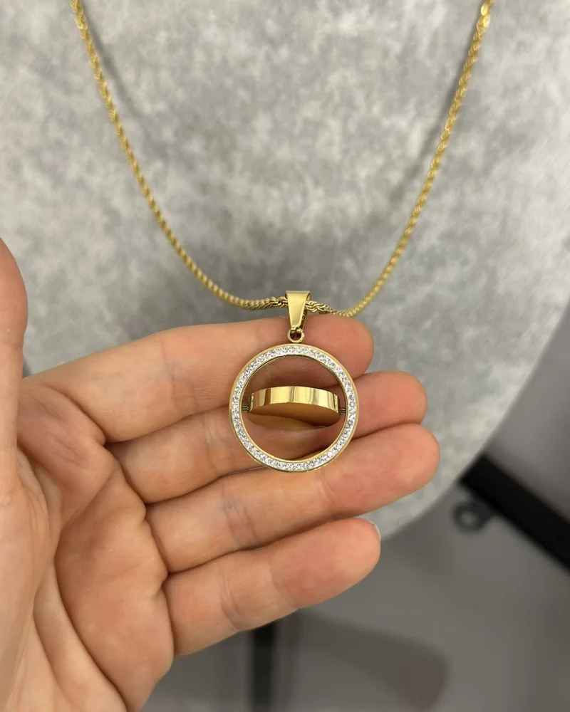 Çelik Döner Plaka Taşlı Yuvarlak Kolye (60 cm)