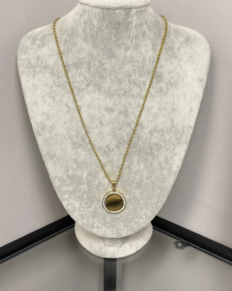 Çelik Döner Plaka Taşlı Yuvarlak Kolye (60 cm)