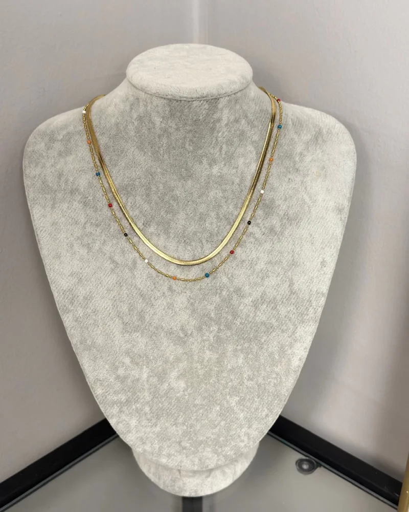 Çelik İkili Mineli Renkli İtalyan Kolye (40+5 cm)