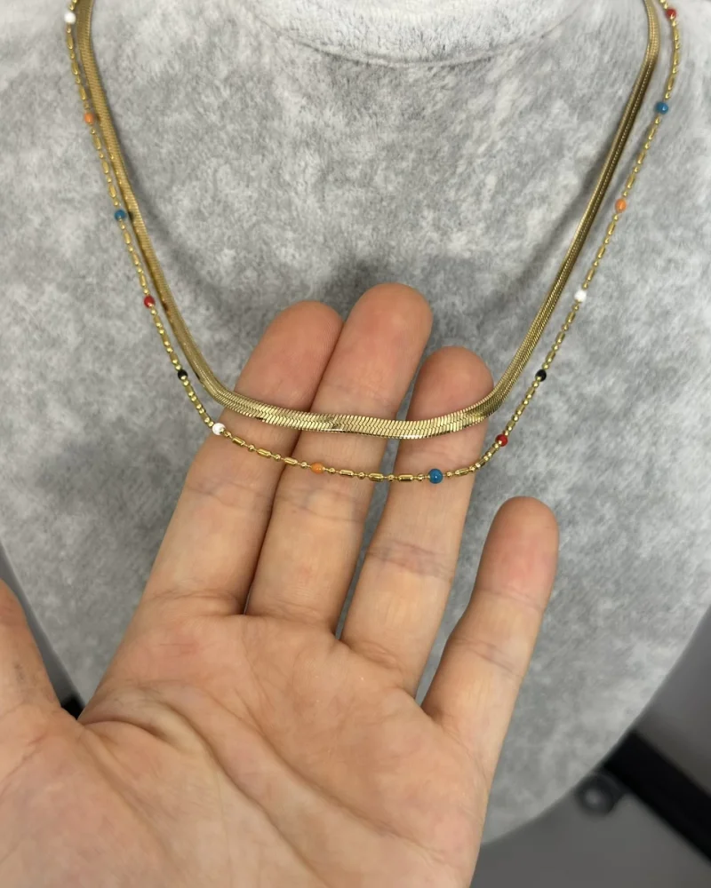 Çelik İkili Mineli Renkli İtalyan Kolye (40+5 cm)