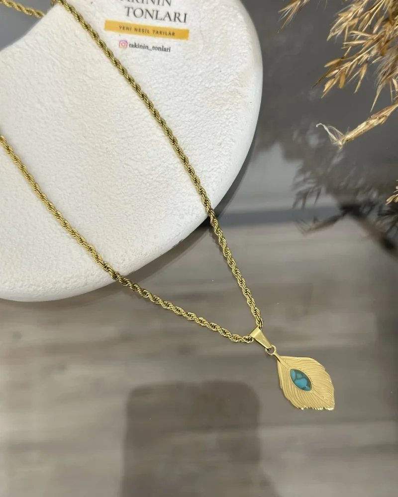 Çelik Turkuaz Taşlı Yaprak Kolye (40+5 cm)